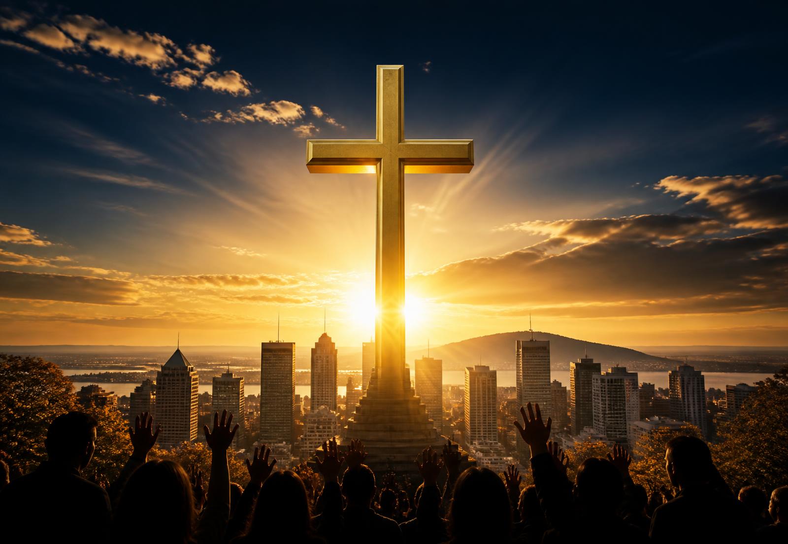 Croix dorée illuminée au-dessus de la silhouette de Montréal au lever du soleil